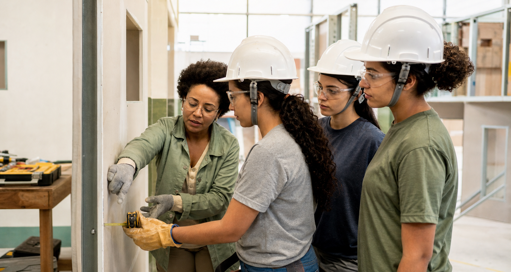 Mulheres em ambiente de capacitação na construção civil com mentoria técnica.