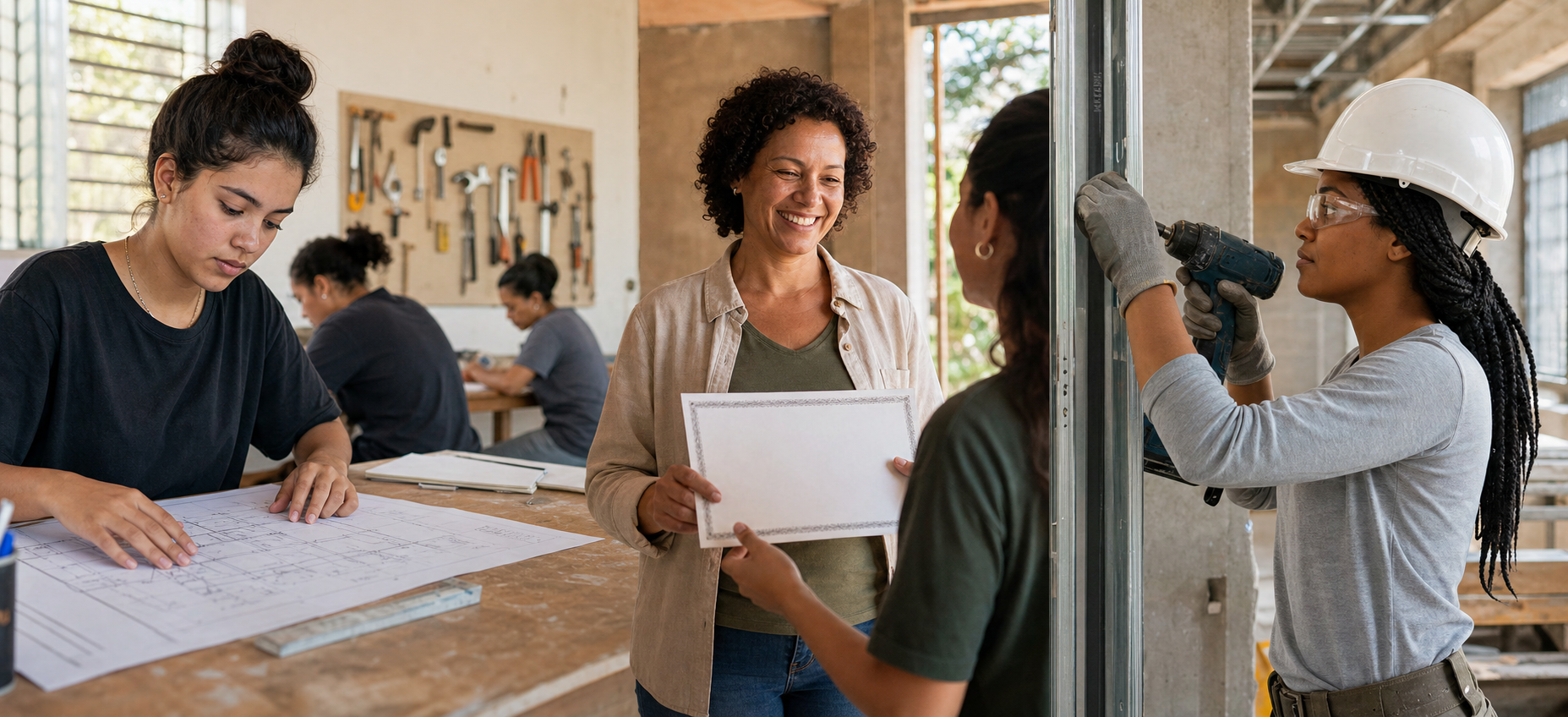 Mulheres em etapas de estudo, certificação e trabalho em ambiente ligado à construção.