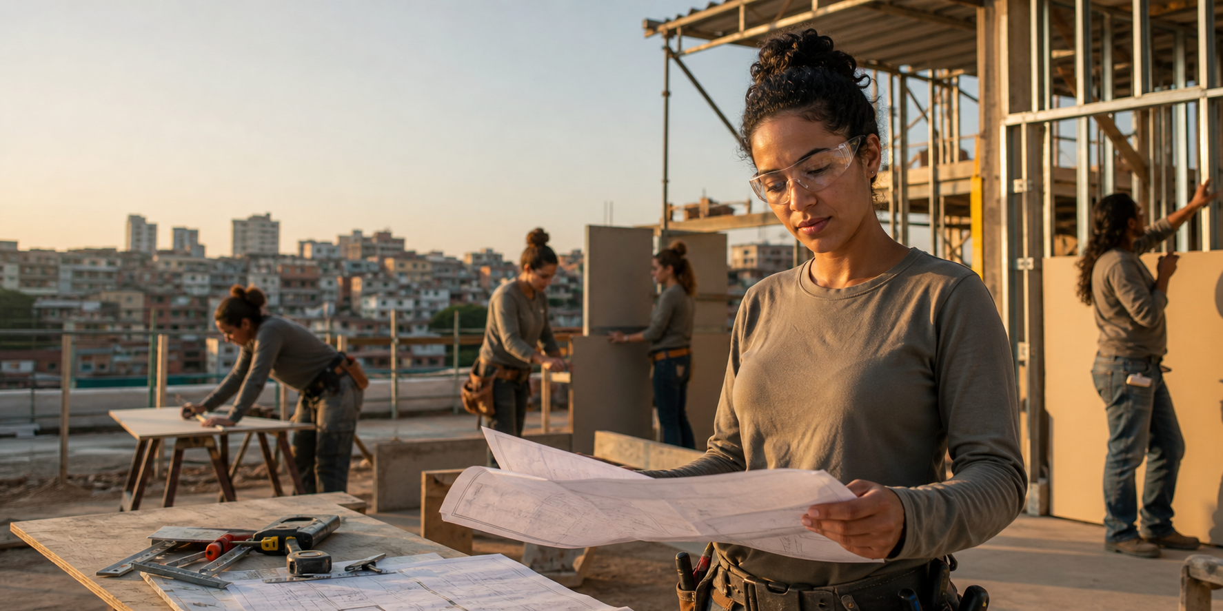 Mulheres em ambiente de capacitação e obra analisando plantas e executando atividades de construção.