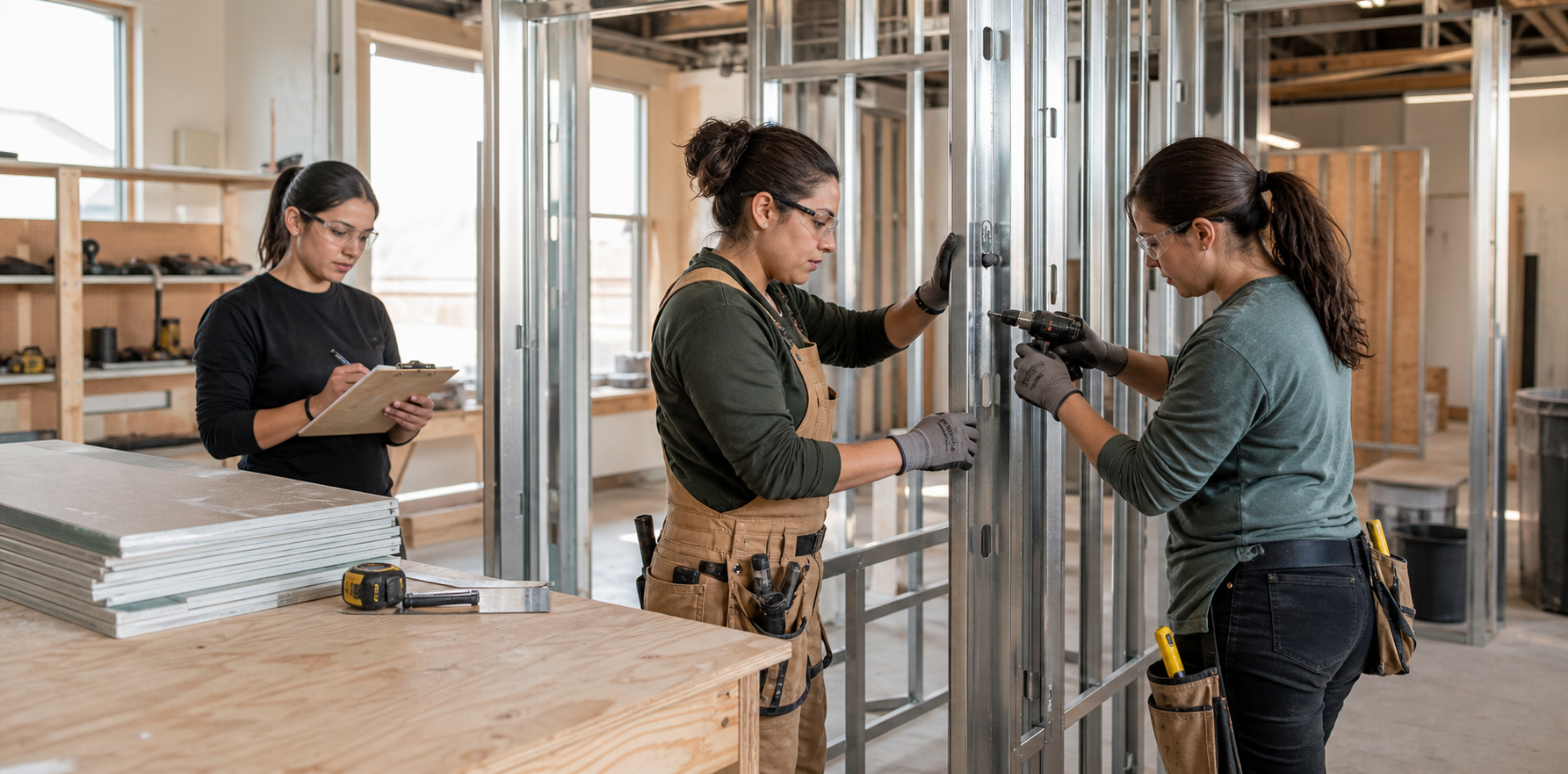 Mulheres executando atividades de drywall e steel frame em ambiente de capacitação organizado.