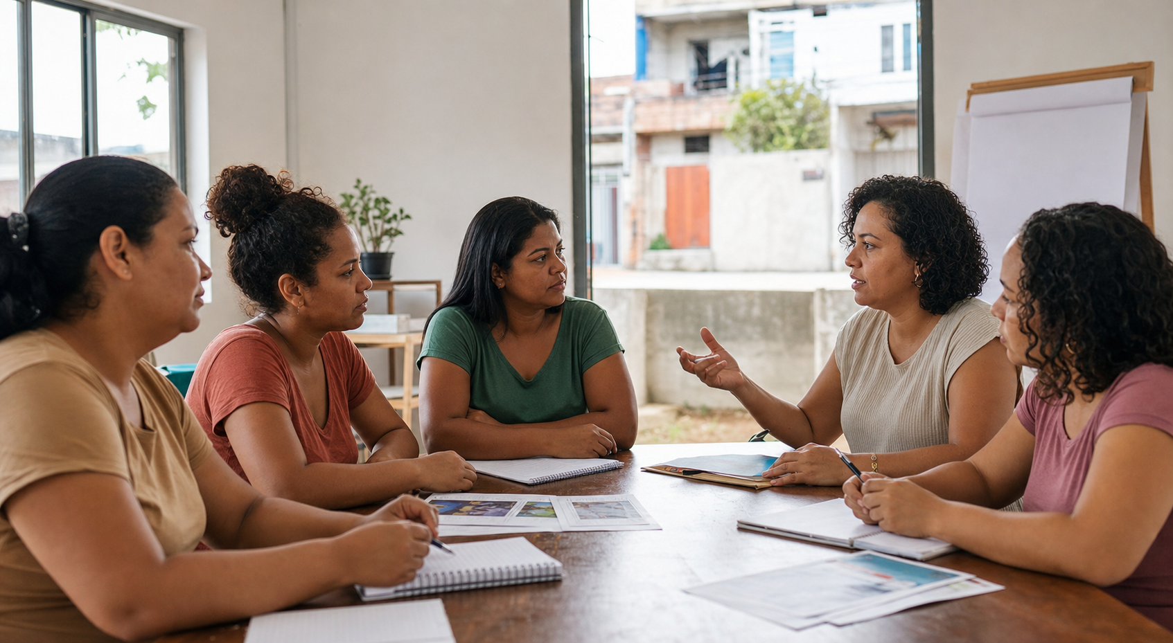 Mulheres em roda de conversa e planejamento em ambiente de preparação profissional.